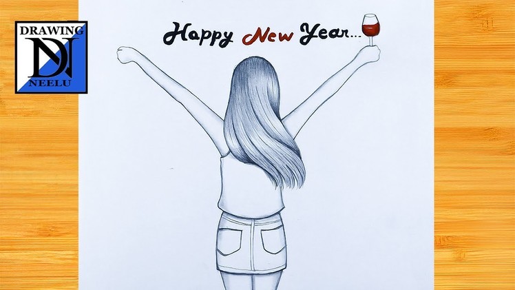 How to draw a girl celebrate Happy new year | Pencil sketch for beginner | New year drawing | 2022