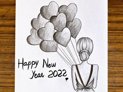 How to draw a girl with ballon || New year drawing 2022 || Girl drawing easy step by step backside