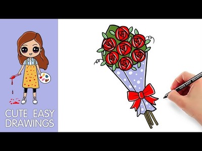 How to Draw Rose Flowers Bouquet Easy | Draw Happy Rose Day Drawing Easy