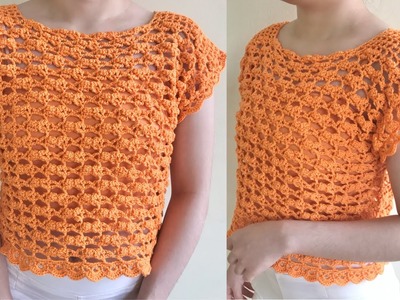 CROCHET CROP TOP | How to Crochet Short Sleeves Bow Mesh Crop Top with Lace Edge