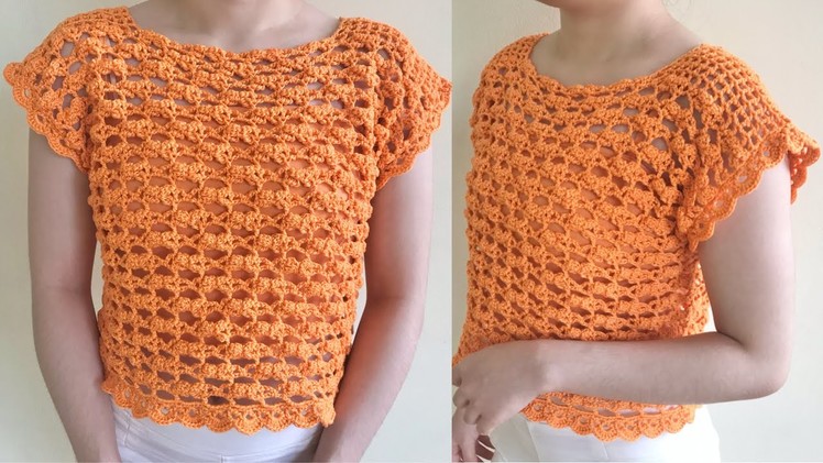 CROCHET CROP TOP | How to Crochet Short Sleeves Bow Mesh Crop Top with Lace Edge