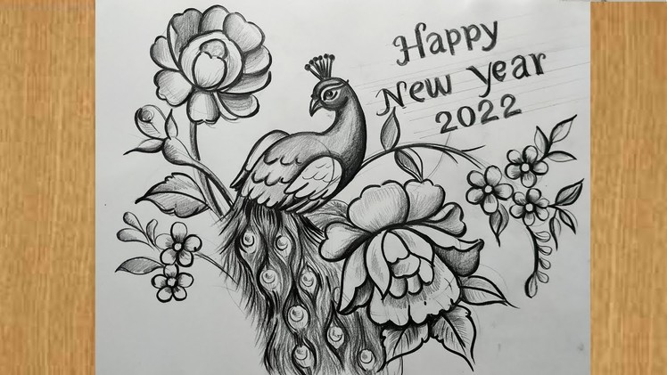 Happy new year card 2022,how to make new greeting card,easy peacock drawing,bird and flower drawing,