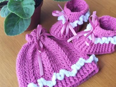 Kit de crochê para bebê 1.2 partes touca e sapatinho de 0 a 3 meses. Crochet cap and baby shoes