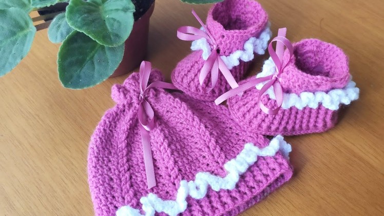Kit de crochê para bebê 2.2 partes touca e sapatinho de 0 a 3 meses. Crochet cap and baby shoes