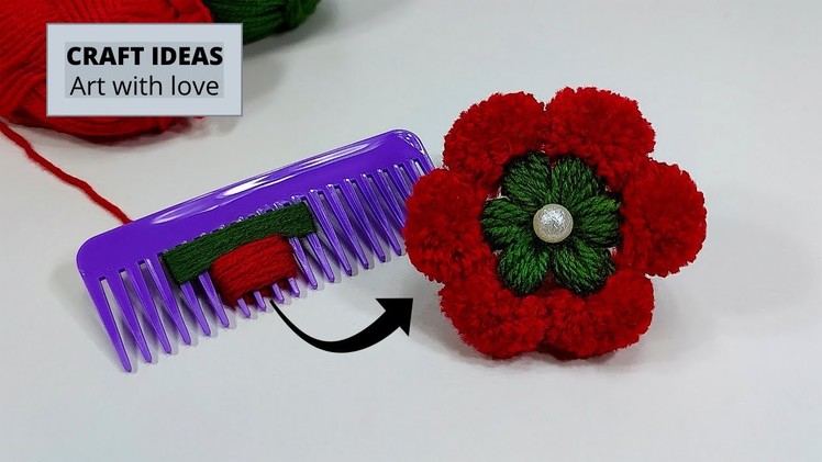 Super Easy Woolen Craft Ideas with Hair Comb   DIY Pom Pom Flower   Hand Embroidery Amazing Trick