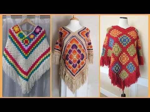 Amazing multicolured crochet fringed style v shaped casual wearing poncho designs