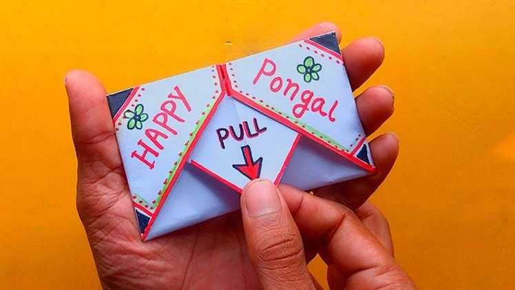 DIY - SURPRISE MESSAGE CARD FOR PONGAL FESTIVAL.Pull Tab Origami Envelope Card.pongel greeting card