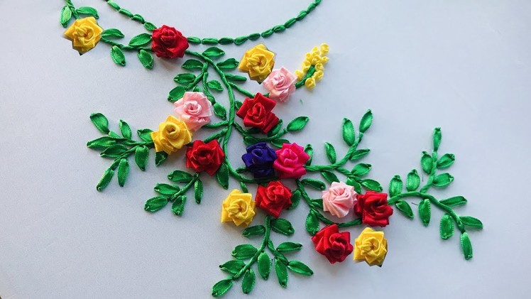 Hand Embroidery: Ribbon Embroidery - Ribbon Neckline Embroidery - Neckline Embroidery - DIY Craft