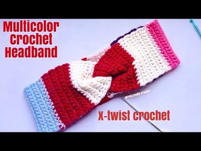 How to crochet a Rainbow.Colorful twisted Headband.earwarmer - cache-oreilles au crochet très facile