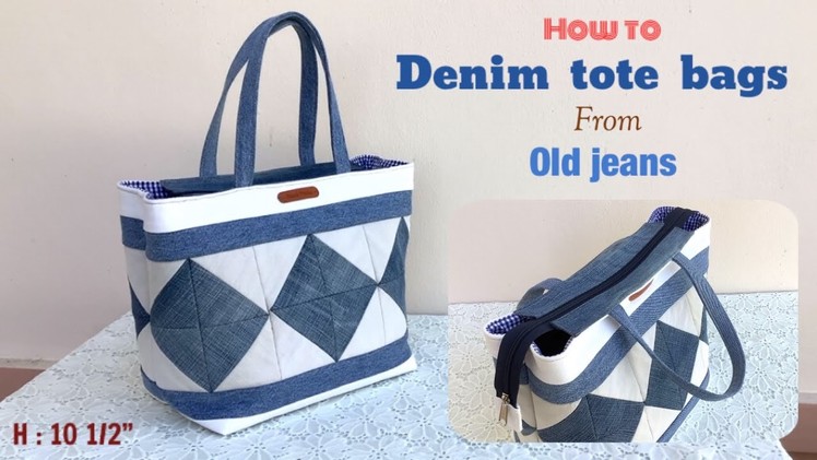 How to sew a denim tote bags with zipper tutorial, sewing diy a denim tote bags, denim projects.