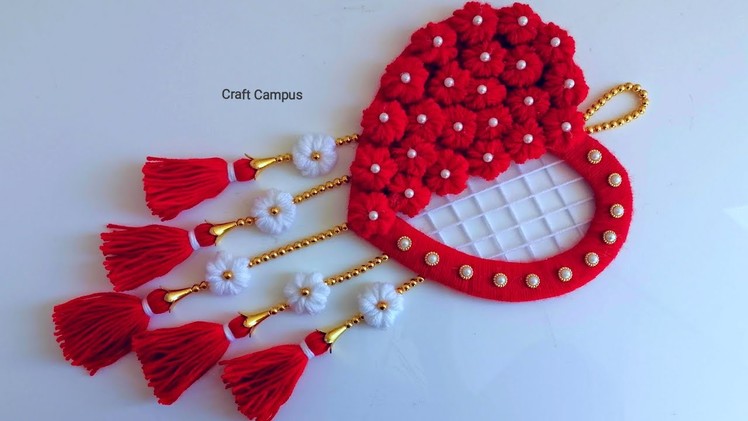 DIY Easy Woolen Flower Wall Hanging Craft | Heart Shaped Wall Decor | Woolen Thread Craft Ideas