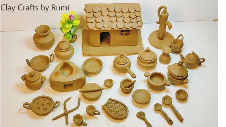 Amazing technique make kitchen set with polymer clay| Miniature clay kitchen set with mini house |