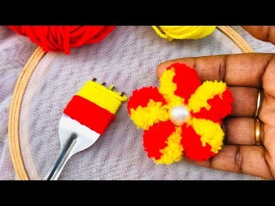 Super Easy pom pom Flower Making Idea Using Fork - Embroidery Flower Making Using Fork - Diy Flowers