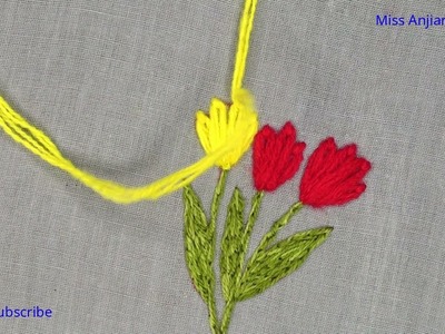 Hand Embroidery Tulip Flower Design, Easy Tulip Embroidery Step by Step, Tulip Design