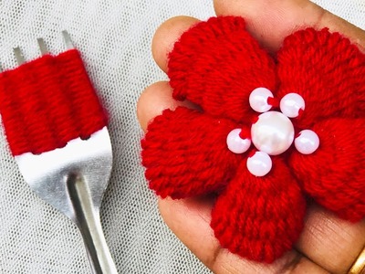 Easy Woolen Flower Craft Idea Using Fork -Hand Embroidery Amazing Trick -Sewing Hacks