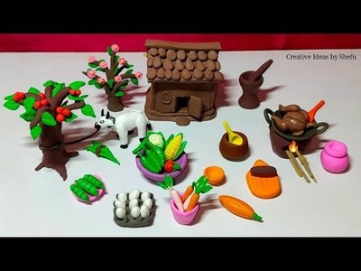 DIY how to make polymer clay miniature house, kitchen set, cow & apple tree || mini kitchen set