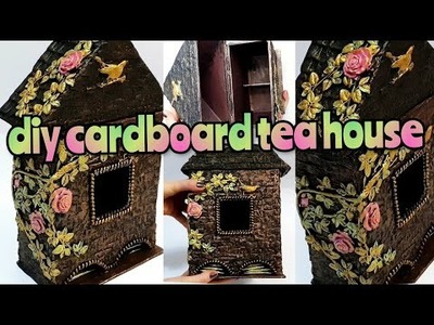 DIY miniature cardboard house | Cardboard craft idea | DIY Miniature house with brick | tea house