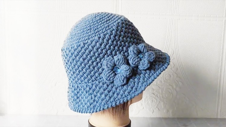泡芙花渔夫帽钩针教程，帽子简单好钩，可轻松完成 ★ How to Crochet a Bucket Hat with Puff Stitch Flower | Crochet Hat Tutorial