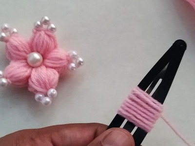 Amazing Hand Embroidery Woolen Flower making ideas with Hair Pin | Easy Sewing Hack