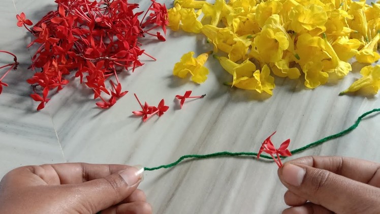 Beautiful unique garland ideas for god.yellow and red flower garland making for god.garland