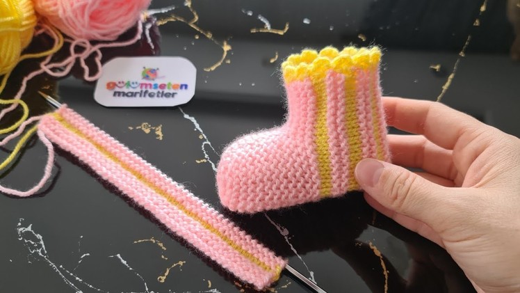 Çizgili Kolay Bebek Çorap Patik Modeli Yapılışı ✅ How to knit baby booties sock