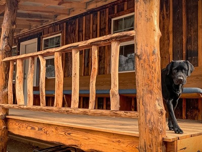 HAND CARVED FRONT PORCH HANDRAIL | TIMBER FRAME CABIN | OFF GRID HOMESTEAD