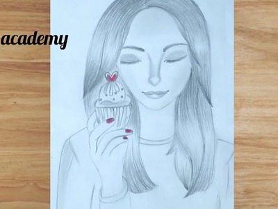 How to draw a girl with cupcake | with one' pencil ' step by step for  || #easy sketch of girl
