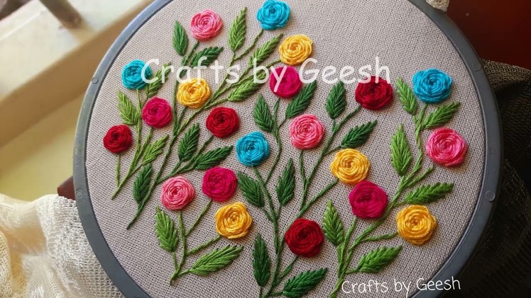 My Rose Garden Hand Embroidery pattern tutorial for beginners - Woven wheel , Fishbone, stem stitch