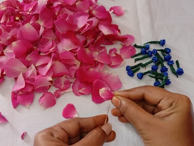 NEW Bridal GARLAND making using rose petals and blue satin flowers.rose petals malai.petals garland