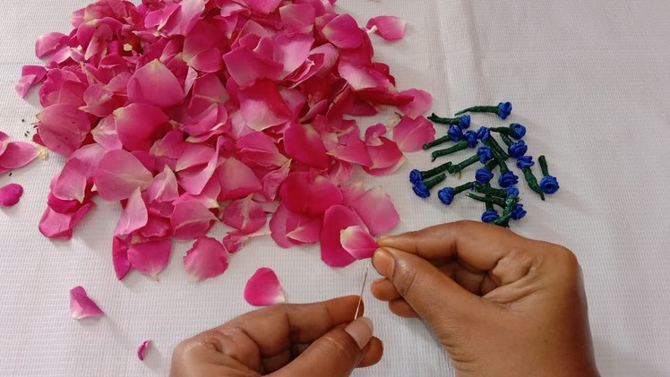 NEW Bridal GARLAND making using rose petals and blue satin flowers.rose petals malai.petals garland