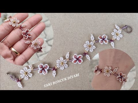 Pembe dallı, çiçek bileklik yapımı.Pink branch flower bracelet.How to make flower beaded bracelet