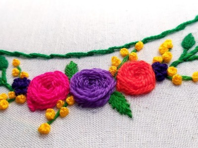 Woven Rose Stitch Embroidery:hand embroidery neck design with woven rose stitch