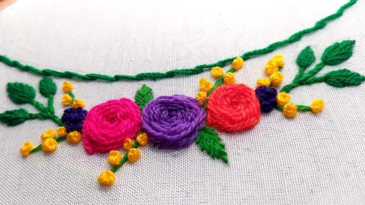 Woven Rose Stitch Embroidery:hand embroidery neck design with woven rose stitch