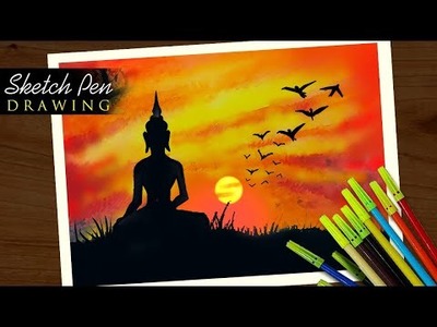 A Beautiful Sketch pen Drawing  || Sunset Painting || Lord Buddha Painting|| Sketch pen Art