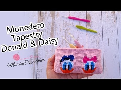 Monedero en tapestry Donald & Daisy a crochet - Monedero con cierre y forro facil de realizar.