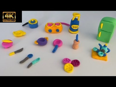Amazing technique make kitchen set with clay, How to Make Mini Gas Stove, Knife, Pan #claycreations