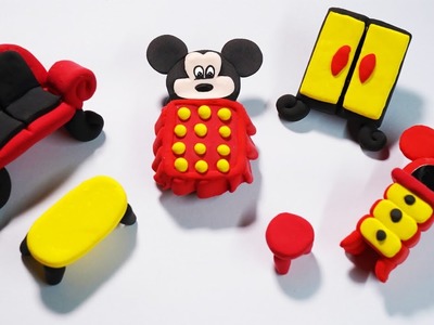 DIY How to Make Polymer Clay Miniature Mickey Mouse Set with Bed, sofa and Miniature Make up table