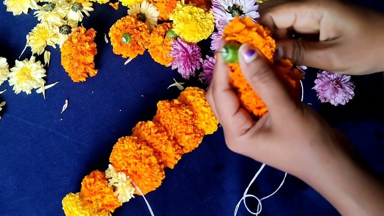 how-to-make-marigold-flower-mala-malai-banthi-poola-mala-how-to-string