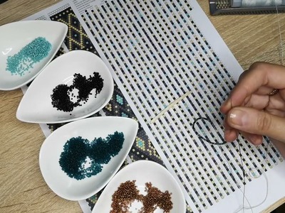 Behind the scenes. process - bead stringing for a patchwork bead crochet necklace