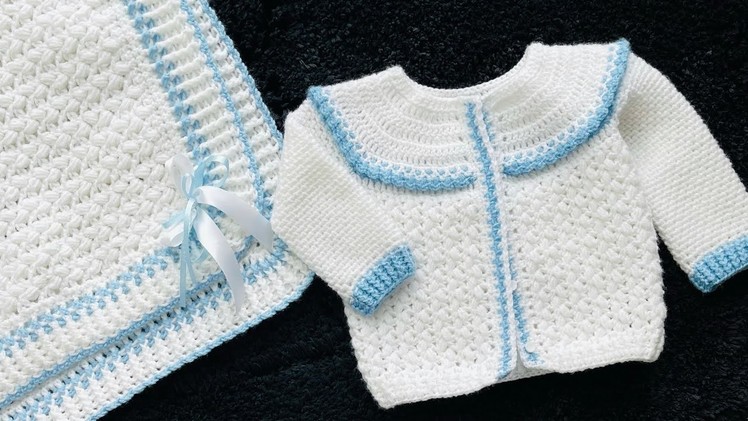 Crochet baby cardigan sweater to match crochet baby blanket LEFT HAND TUTORIAL