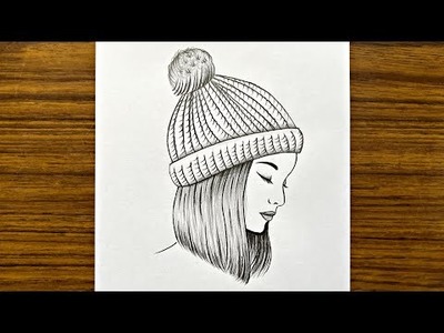How to draw a girl wearing winter cap || Beautiful girl drawing with pencil || Girl drawing easy