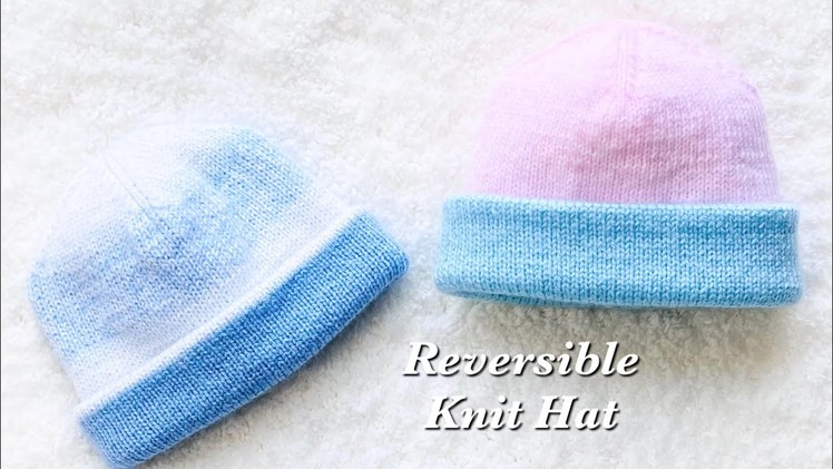 Reversible knit baby hat for boys and girls and up to 3 years old EASY KNIT HAT PATTERN