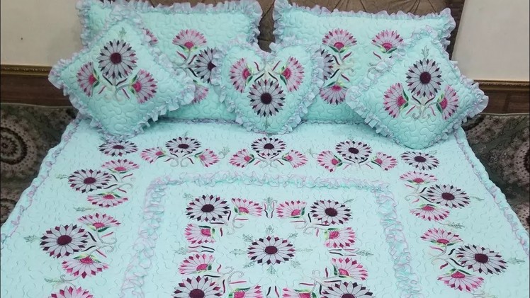 Sunflower design hand embroidery bedsheet set!latest bridal bedsheet collection!Ahmad bedsheets