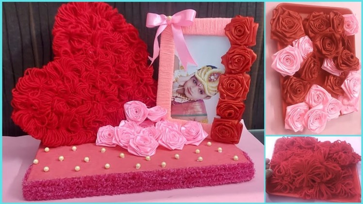 Valentines Day Idea using Wool, Cardboard and Ribbon | Red Rose Making | How to Make Photo Frame