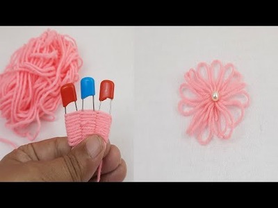 Amazing Hand Embroidery flower design trick with Safety pin | Easy Woolen flower design idea#shorts