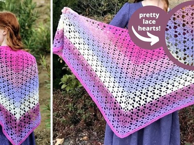 CROCHET HEART SHAWL. Valentines Day Triangle Shawl Crochet Pattern (Amore Shawl)