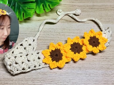 DIY How to crochet headband with Sunflower Tutorial.