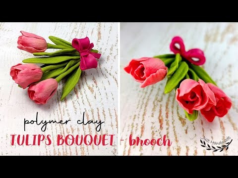 ~JustHandmade~ Polymer clay pink tulips bouquet - brooch - tutorial. spring flowers. DIY