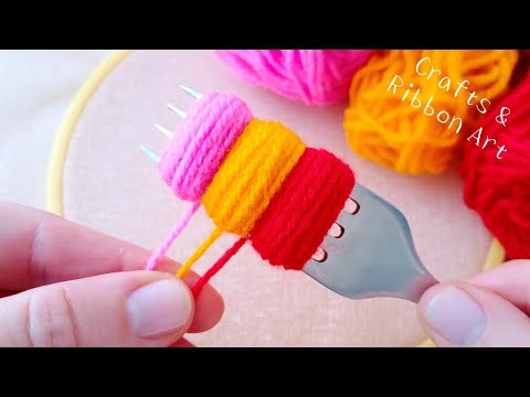 Super Easy Woolen Flower Making Trick Using Fork - Amazing Flower Craft Ideas with Wool
