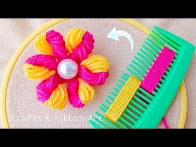 Super Easy Woolen Flower Making Ideas with Hair Comb - Hand Embroidery Amazing Trick - Sewing Hack